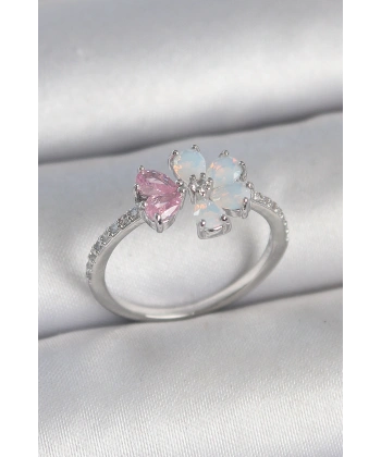 Pirinç Gümüş Renk Beyaz Mineli Pembe Zirkon Taşlı Çiçek Model Kadın Yüzük