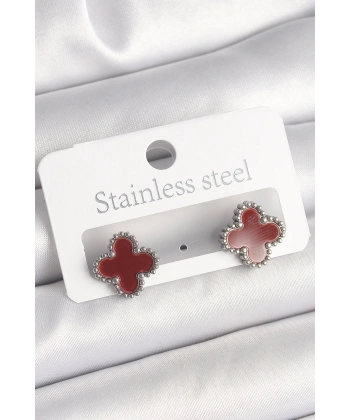 Pirinç Gümüş Renk Bordo Yonca Model Kadın Küpe