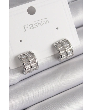 Pirinç Gümüş Renk Çift Sıra Zirkon Taşlı Kadın Küpe