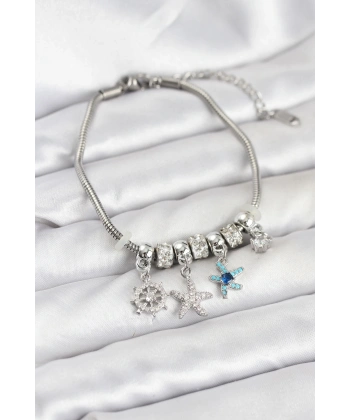 Pirinç Gümüş Renk Deniz Tema Charmlı Kadın Bileklik