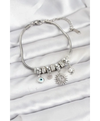 Pirinç Gümüş Renk Güneş Charmlı Kadın Bileklik