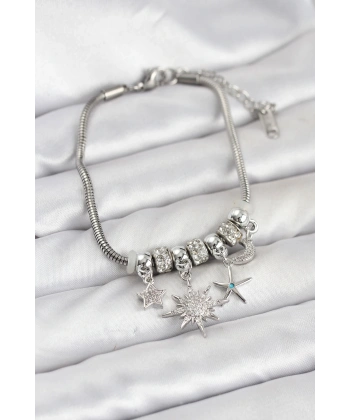 Pirinç Gümüş Renk Güneş Tema Charmlı Kadın Bileklik