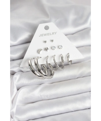 Pirinç Gümüş Renk Halka Modelli 6 Çift Kadın Küpe