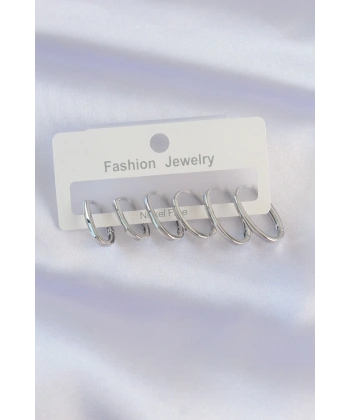 Pirinç Gümüş Renk İnce Oval Küpe Seti