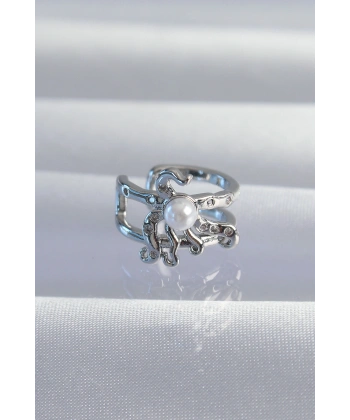 Pirinç Gümüş Renk İncili Ahtapot Earcuff Küpe