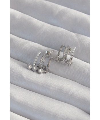 Pirinç Gümüş Renk İncili Çoklu Zirkon Taşlı Yarım Halka Küpe