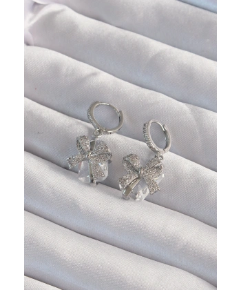 Pirinç Gümüş Renk İri Zirkon Taşlı Fiyonk Model Halka Küpe