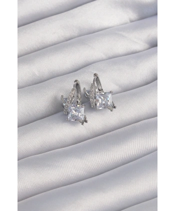 Pirinç Gümüş Renk İri Zirkon Taşlı Kıvrımlı Minimal Kelebekli Halka Küpe