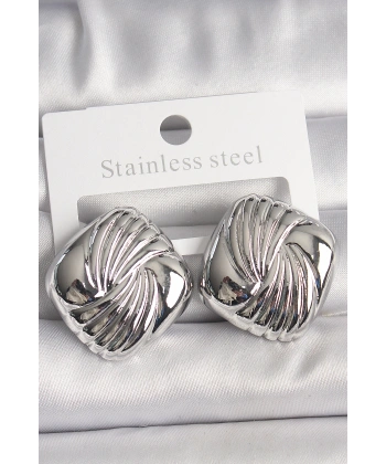 Pirinç Gümüş Renk İşlemeli Kare Model Kadın Küpe