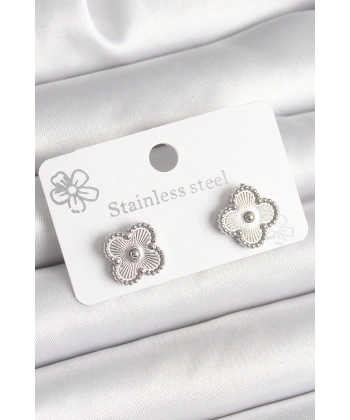 Pirinç Gümüş Renk İşlemeli Yonca Model Kadın Küpe