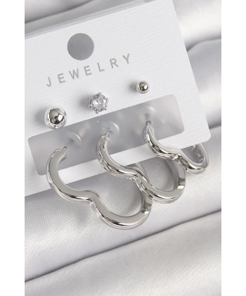 Pirinç Gümüş Renk Kalp Model Zirkon Taş Topçuk Detay Kadın Küpe Seti