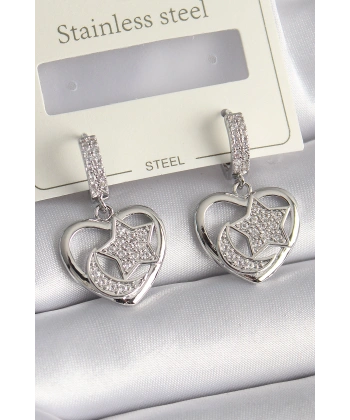 Pirinç Gümüş Renk Kalp Model Zirkon Taşlı Ay Yıldız İşlemeli Kadın Küpe