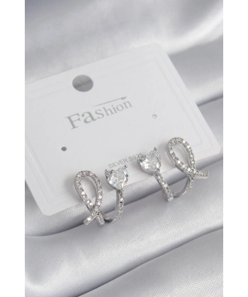 Pirinç Gümüş Renk Kalp Model Zirkon Taşlı Kadın Küpe