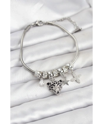 Pirinç Gümüş Renk Kaplan Model Charmlı Kadın Bileklik