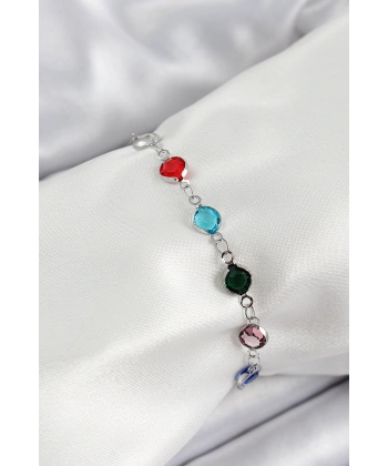 Pirinç Gümüş Renk Karışık Renk Zirkon Taşlı Kadın Bileklik