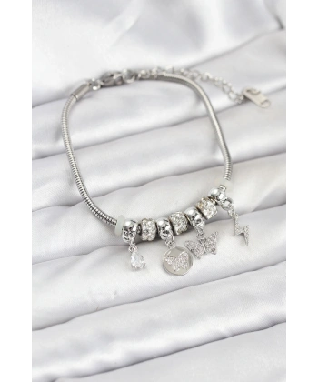 Pirinç Gümüş Renk Kelebek Charmlı Kadın Bileklik