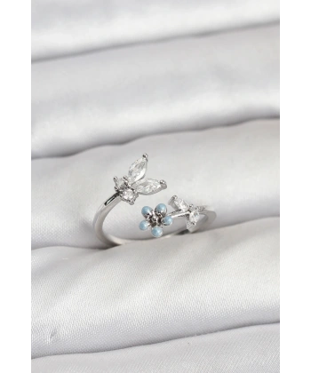 Pirinç Gümüş Renk Kelebek Model Kadın Yüzük