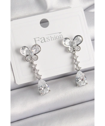 Pirinç Gümüş Renk Kelebek Model Sallantı Damla Zirkon Taşlı Kadın Küpe