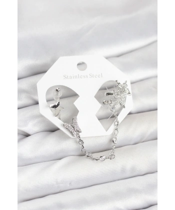 Pirinç Gümüş Renk Kelebek Model Zincir Bağlantılı Ear Cuff Küpe Seti