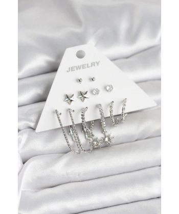 Pirinç Gümüş Renk Küpe Seti 6lı