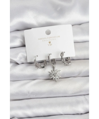 Pirinç Gümüş Renk Kutup Yıldızı Model 3lü Kadın Küpe Seti