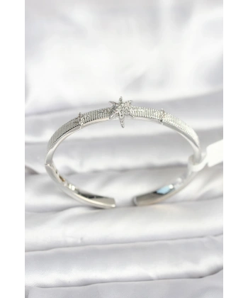 Pirinç Gümüş Renk Kutup Yıldızı Model Kadın Kelepçe Bileklik