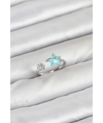 Pirinç Gümüş Renk Mavi Yıldızlı Model Kadın Yüzük
