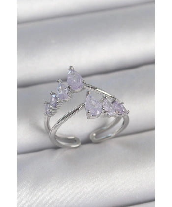 Pirinç Gümüş Renk Mor Damla Zirkon Taşlı Taç Model Kadın Yüzük