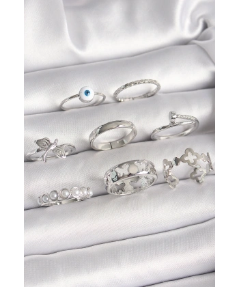 Pirinç Gümüş Renk Nazar Boncuk Detay İncili Kelebek İşlemeli Kadın Yüzük Kombini