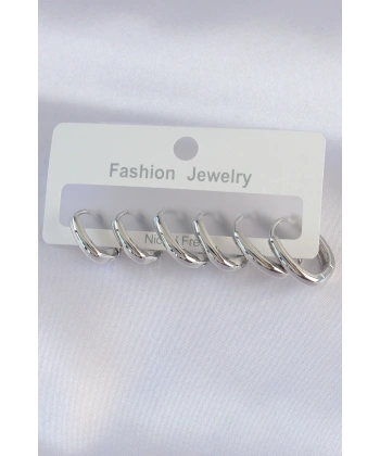 Pirinç Gümüş Renk Oval Küpe Seti