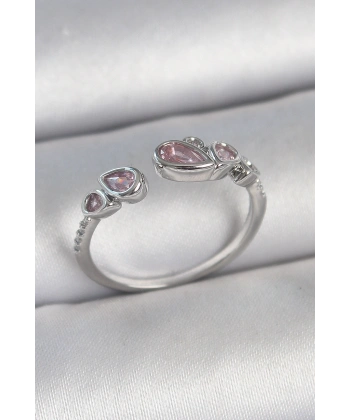 Pirinç Gümüş Renk Pembe Damla Zirkon Taşlı Ayarlanabilir Model Kadın Yüzük