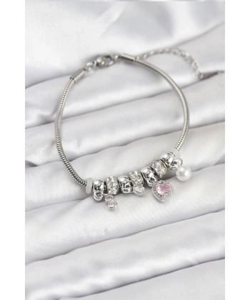 Pirinç Gümüş Renk Pembe Kalp Charmlı Kadın Bileklik
