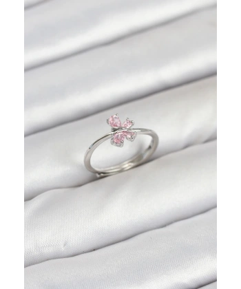 Pirinç Gümüş Renk Pembe Kelebek Kadın Yüzük