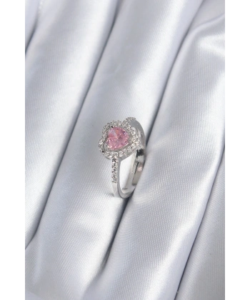 Pirinç Gümüş Renk Pembe Zirkon Taş Kalp Charm Model Kadın Yüzük
