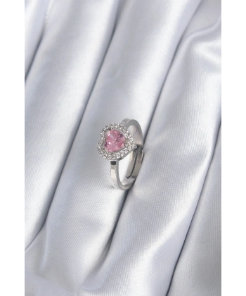 Pirinç Gümüş Renk Pembe Zirkon Taşlı Charm Model Kadın Yüzük