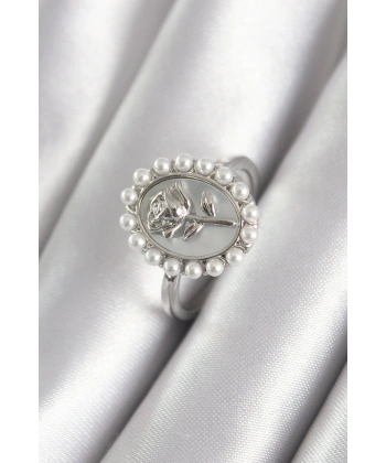 Pirinç Gümüş Renk Portre Gül Model İnci Detay Kadın Yüzük