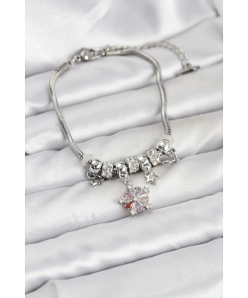 Pirinç Gümüş Renk Renkli Yıldız Charmlı Kadın Bileklik