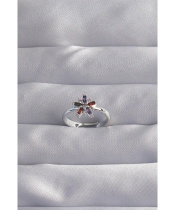 Pirinç Gümüş Renk Renkli Zirkon Taşlı Ayarlamalı Yüzük