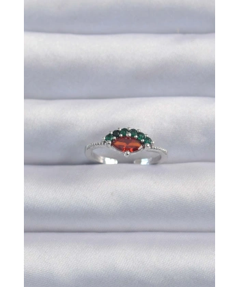 Pirinç Gümüş Renk Renkli Zirkon Taşlı Ayarlanabilir Karpuz Model Yüzük