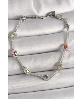 Pirinç Gümüş Renk Renkli Zirkon Taşlı Damla Taş Model Kadın Bileklik