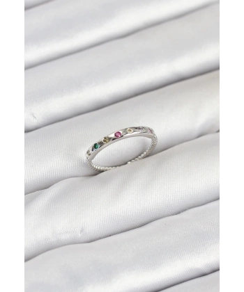 Pirinç Gümüş Renk Renkli Zirkon Taşlı Kadın Yüzük