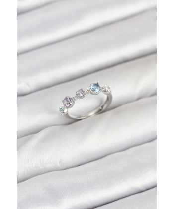 Pirinç Gümüş Renk Renkli Zirkon Taşlı Kadın Yüzük