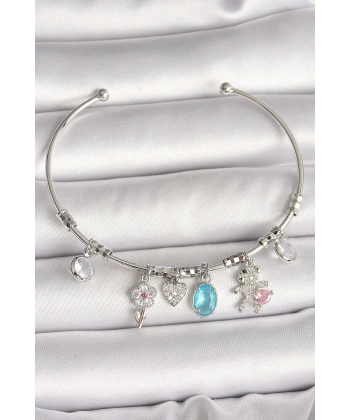 Pirinç Gümüş Renk Sallantı Zirkon Taşlı Ayıcık Figür Çiçek Detay Charm Kadın Bileklik