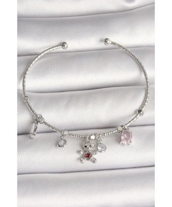 Pirinç Gümüş Renk Sallantı Zirkon Taşlı Ayıcık Figür Kırmızı Taş Detay Charm Kadın Bileklik