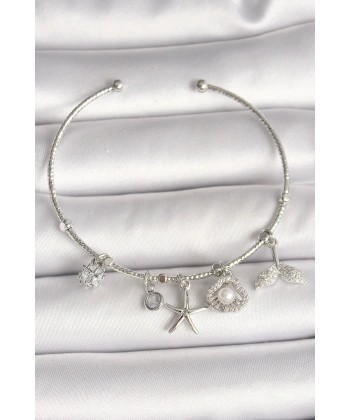 Pirinç Gümüş Renk Sallantı Zirkon Taşlı Deniz Yıldız Figür Balık Kuyruğu Detay Charm Kadın Bileklik