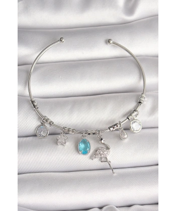 Pirinç Gümüş Renk Sallantı Zirkon Taşlı Filaminga Figür Charm Kadın Bileklik