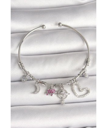 Pirinç Gümüş Renk Sallantı Zirkon Taşlı Gezegen Figür Kalp Detay Charm Kadın Bileklik