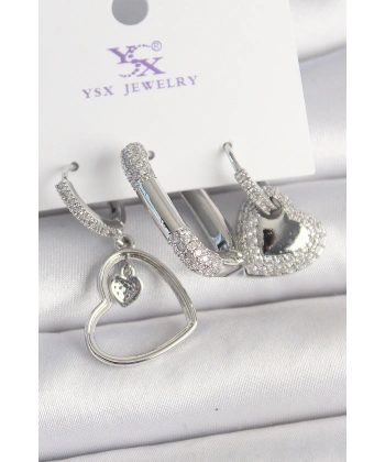 Pirinç Gümüş Renk Sallantı Zirkon Taşlı Kalp Model 3Lü Kadın Kombin Küpe