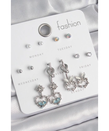 Pirinç Gümüş Renk Sallantı Zirkon Taşlı Kalp Model Düğüm Detay 7 Çift Kadın Küpe Seti