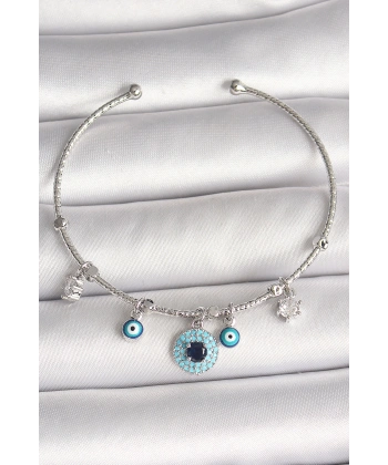 Pirinç Gümüş Renk Sallantı Zirkon Taşlı Nazar Boncuk Figür Charm Kadın Bileklik